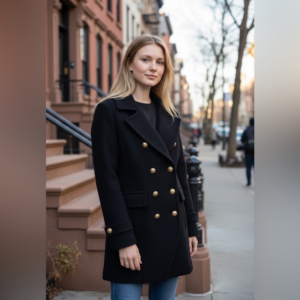 Trina Turk Black Pea Coat with Gold Buttons